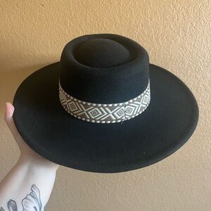Black Wide-Brim Hat with Patterned Band